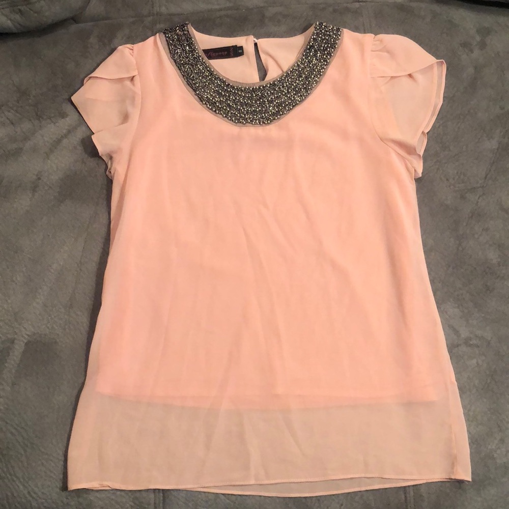 Blush Pink Beaded Blouse Top Chiffon Small S